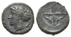 Sicily, Syracuse, c. 415-405 BC. Æ Hemilitron (15.5mm, 4.02g, 6h). Head of Arethusa l., hair in sphendone. R/ Wheel of four spokes; dolphins in lower ...