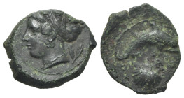 Sicily, Syracuse, c. 415-405 BC. Æ Hemilitron (17mm, 2.80g, 3h). Head of Arethusa l., hair bound in ampyx and sphendone; two leaves to r. R/ Dolphin s...