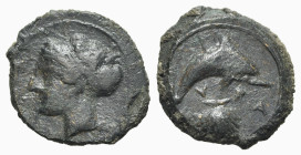 Sicily, Syracuse, c. 415-405 BC. Æ Hemilitron (18mm, 4.13g, 9h). Head of Arethusa l., hair bound in ampyx and sphendone; two leaves to r. R/ Dolphin s...