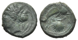 Sicily, Syracuse, c. 415-405 BC. Æ Hemilitron (14mm, 3.38g, 3h). Head of Arethusa l., hair bound in ampyx and sphendone; two leaves to r. R/ Dolphin s...
