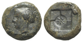 Sicily, Syracuse, 405-375 BC. Æ Hemilitron (17mm, 5.20g). Head of nymph l., hair in ampyx, wearing necklace and sphendone. R/ Eight-rayed star in cent...