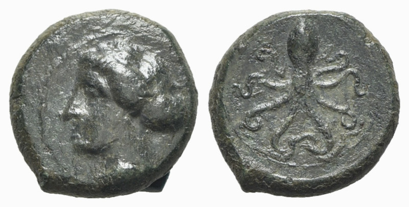 Sicily, Syracuse, c. 400 BC. Æ Tetras (14mm, 2.37g, 10h). Head of Arethusa l., h...