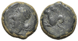 Sicily, Syracuse, 400-390 BC. Æ Litra (21mm, 9.69g, 6h). Head of Athena l., wearing Corinthian helmet decorated with wreath. R/ Hippocamp l. CNS II, 4...