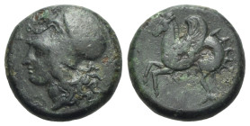 Sicily, Syracuse, c. 375-344 BC. Æ (17mm, 5.95g, 12h). Head of Athena l., wearing Corinthian helmet. R/ Hippocamp l. CNS II, 45; SNG ANS 434-46; HGC 2...