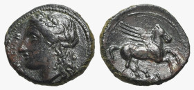 Sicily, Syracuse. Agathokles (317-289 BC). Æ (15mm, 1.76g, 11h). Laureate head of Apollo l. R/ Pegasos flying r.; A below. CNS II, 88 Rl2; SNG ANS -; ...