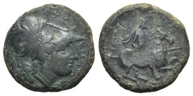 Sicily, Syracuse. Agathokles (317-289 BC). Æ (20mm, 7.04g, 6h), c. 310–309 BC. Helmeted head of Athena r. R/ Horseman riding r. CNS II, 116; SNG ANS 6...