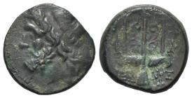 Sicily, Syracuse. Hieron II (275-215 BC). Æ (19mm, 6.08g, 4h). Diademed head of Poseidon l. R/ Ornamented trident head flanked by two dolphins; Θ-Φ be...