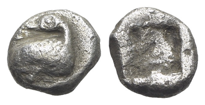 Macedon, Eion, c. 480-470 BC. AR Diobol (9mm, 0.88g). Goose standing r., head l....