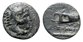 Kings of Macedon, Alexander III “the Great” (336-323 BC). Æ 1/4 Unit (10mm, 1.14g, 3h). Uncertain mint in Macedon. Head of Herakles r., wearing lion s...