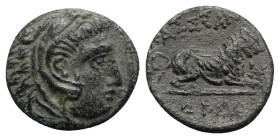 Kings of Macedon, Kassander (316-297 BC). Æ (15mm, 2.88g, 5h). Pella or Amphipolis, before 306 BC. Head of Herakles r., wearing lion skin. R/ Lion rec...