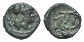 Kings of Thrace, Lysimachos (305-281 BC). Æ (10.5mm, 1.28g, 1h). Helmeted head of Athena r. R/ ΛY within wreath. Cf. HGC 3.1, 1761-2. Green patina, VF...