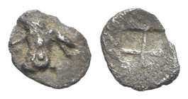Thrace, Abdera, c. 520/15-500 BC. AR Tetartemorion (6mm, 0.18g). Head of griffin l. R/ Quadripartite incuse square. Cf. May Period I. VF