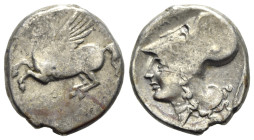 Akarnania, Argos Amphilochikon, c. 340-300 BC. AR Stater (21mm, 8.02g, 12h). Pegasos flying l. R/ Helmeted head of Athena l.; spear (or javelin) to r....