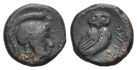 Akarnania, Medeion, c. 350-300 BC. Æ (13.5mm, 2.51g, 12h). Helmeted head of Athena r. R/ Owl standing r. Cf. BCD Akarnania 342.1; HGC 4, 892. VF