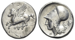 Akarnania, Thyrrheion, c. 320-280 BC. AR Stater (23mm, 8.41g, 6h). Pegasos flying l.; ΘY below. R/ Head of Athena l., wearing crested Corinthian helme...