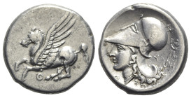 Akarnania, Thyrrheion, c. 320-280 BC. AR Stater (21mm, 8.26g, 9h). Pegasos flying l. R/ Helmeted head of Athena l.; earring to l. BCD Akarnania 373.3;...