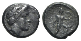 Thessaly, Trikka, c. 400-344 BC. Æ Chalkous (13mm, 2.36g, 3h). Head of nymph r. R/ Warrior, holding shield and spear, advancing r. Cf. BCD Thessaly 78...