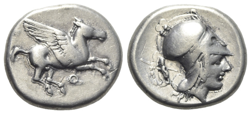 Corinth, c. 400-375 BC. AR Stater (20mm, 8.47g, 12h). Pegasos flying r. R/ Helme...