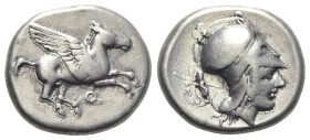 Corinth, c. 400-375 BC. AR Stater (20mm, 8.47g, 12h). Pegasos flying r. R/ Helmeted head of Athena r.; behind, statuette of nude man (Zeus?) standing ...