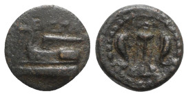 Megaris, Megara, c. 275-250 BC. Æ Dichalkon (14mm, 3.57g, 12h). Prow of galley l. R/ Tripod; flanked by dolphins upward. BCD Peloponnesos 17; SNG Cope...