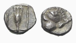 Asia Minor, Uncertain mint, c. 450 BC. AR Tetartemorion (5mm, 0.20g, 12h). Corinthian helmet l. R/ Amphora in linear square. Unpublished in the standa...
