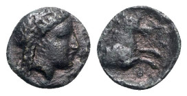 Mysia, Atarneos(?), c. 400 BC. Æ (9mm, 0.94g, 11h). Laureate head of Apollo r. R/ Forepart of horse r. Cf. SNG BnF 129. VF