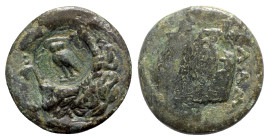 Mysia, Lampsakos, c. 190-85 BC. Æ (20mm, 5.96g, 11h). Laureate head of Apollo r.; c/m: owl standing l. within circular incuse. R/ Lyre; to l., [forepa...