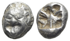 Mysia, Parion, 5th century BC. AR Drachm (14mm, 3.99g). Facing gorgoneion with protruding tongue. R/ Disorganized linear pattern within incuse square....