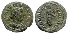 Troas, Alexandria, c. mid 3rd century AD. Æ (22mm, 5.05g, 12h). Turreted and draped bust of Tyche r.; vexillum behind. R/ Apollo Smintheos standing r....
