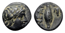 Troas, Neandria, 4th century BC. Æ (9mm, 1.24g, 12h). Laureate head of Apollo r. R/ Grain kernel; grape bunch to r. SNG Ashmolean 1175; SNG Copenhagen...