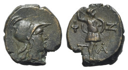 Aeolis, Temnos, c. 2nd-1st century BC. Æ (13mm, 1.77g, 12h). Helmeted head of Athena r. R/ A-Θ T-A, Athena Promachos standing r., hurling spear and ho...