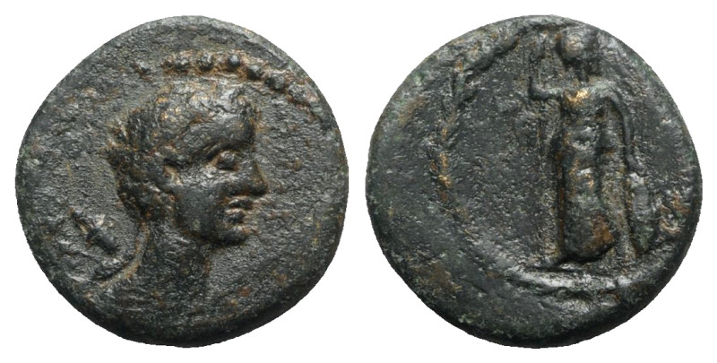 Coele-Syia, Damaskos. Æ (18mm, 5.69g, 11h), year 283 (30/29 BC). Bust of Artemis...