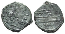 Anonymous, unofficial series, after 211 BC. Æ Semis (22mm, 7.14g, 9h). Laureate head of Saturn r. R/ Prow r.; S to r. Cf. Crawford 56/3. Green patina,...