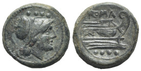 Anonymous, Rome, after 211 BC. Æ Triens (23mm, 12.73g, 1h). Helmeted head of Minerva r. R/ Prow of galley r. Crawford 56/4; RBW 206. Green patina, Goo...