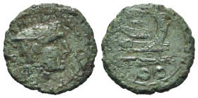 Anonymous, Rome or Central Italy (Etruria?), after 211 BC. Æ Sextans (20mm, 3.62g, 12h). Head of Mercury r. wearing winged petasus. R/ Prow of galley ...