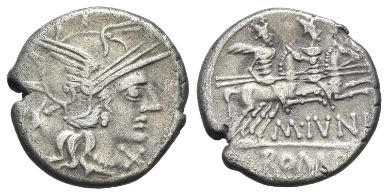 M. Junius Silanus, Rome, 145 BC. AR Denarius (18.5mm, 3.86g, 7h). Helmeted head ...