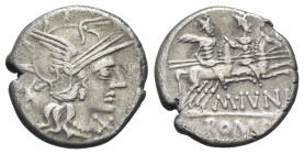 M. Junius Silanus, Rome, 145 BC. AR Denarius (18.5mm, 3.86g, 7h). Helmeted head of Roma r.; head of ass behind. R/ Dioscuri riding r. Crawford 220/1; ...