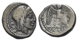 M. Cato, Rome, 89 BC. AR Quinarius (14mm, 2.07g, 9h). Head of Liber r., wearing ivy wreath. R/ Victory seated r. on throne, holding palm branch and pa...