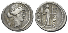 Roman Imperatorial, P. Clodius M.f. Turrinus, Rome, 42 BC. AR Denarius (20mm, 3.58g, 11h). Laureate head of Apollo r.; lyre behind. R/ Diana Lucifera ...