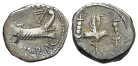 Mark Antony, Patrae(?), Autumn 32-spring 31 BC. AR Denarius (18mm, 3.55g, 11h). Legionary type. Galley r. R/ LEG II, legionary aquila between two sign...