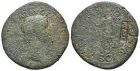 Claudius (41-54). Æ Sestertius (36mm, 22.98g, 6h). Rome, 41-2. Laureate head r. R/ Spes advancing l., holding flower and raising hem of skirt; c/m: NC...