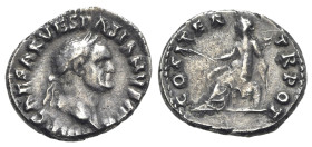 Vespasian (69-79). AR Denarius (18mm, 2.98g, 7h). Rome, AD 70. Laureate head r. R/ Pax seated l., holding branch and caduceus. RIC II 29; RSC 94h. Dar...