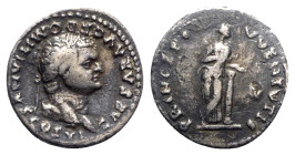 Domitian (Caesar, 69-81). AR Denarius (18mm, 3.14g, 6h). Rome, AD 79. Laureate head r. R/ Salus standing r., leaning on column, feeding snake from pat...
