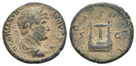 Hadrian (117-138). Æ Semis (19mm, 4.56g, 6h). Rome, 124-5. Laureate and draped bust r. R/ Lyre. RIC II.3 758; McAlee 547a; RPC III 3763. Brown patina,...