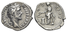 Antoninus Pius (138-161). AR Denarius (19.5mm, 3.06g, 6h). Rome, 148-9. Laureate head r. R/ Salus standing l., feeding snake coiled round altar and ho...
