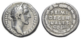 Antoninus Pius (138-161). AR Denarius (17mm, 3.19g, 6h). Rome, 147-8. Laureate head r. R/ PRIMI/ DECEN/NALES/ COS IIII in four lines within oak wreath...