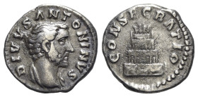 Divus Antoninus Pius (died AD 161). AR Denarius (18mm, 3.22g, 6h). Rome, AD 161. Bare head r. R/ Funeral pyre of four tiers, decorated with garlands, ...