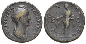 Diva Faustina Senior (died 140/1). Æ Sestertius (32mm, 22.83g, 12h). Rome, c. 141-6. Draped bust r., wearing pearls bound on top of her head. R/ Pieta...