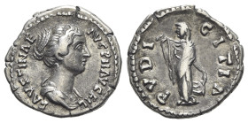 Faustina Junior (Augusta, 147-175). AR Denarius (19mm, 3.26g, 12h). Rome, c. 147-150. Draped bust r. R/ Pudicitia standing l., drawing veil over face ...