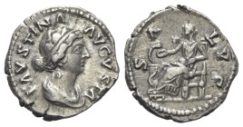 Faustina Junior (Augusta, 147-176). AR Denarius (19mm, 3.30g, 6h). Rome, c. 165-170. Draped bust r. R/ Salus seated l., resting elbow on throne and fe...